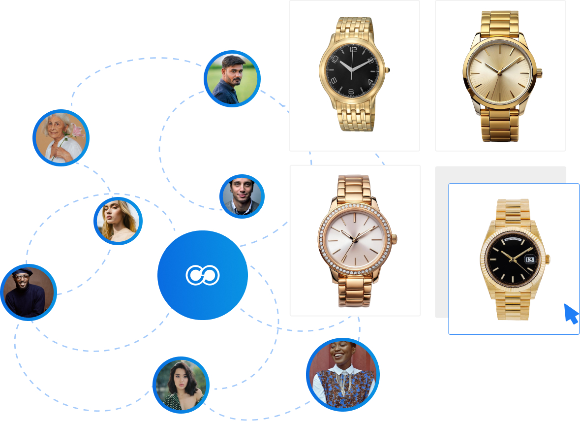 Illustration depicting a fashionable network of connected circles, with people's photos in some and images of gold watches in others. At the center, an infinity symbol radiates inspiration to all surrounding connections.