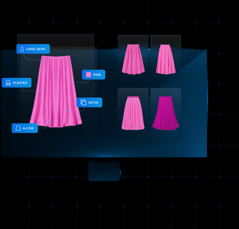 Digital display featuring an inspiring, long, pleated, pink satin skirt with an A-line design. Various fashion-forward skirt styles are shown on a grid background, highlighting different pink skirt options.