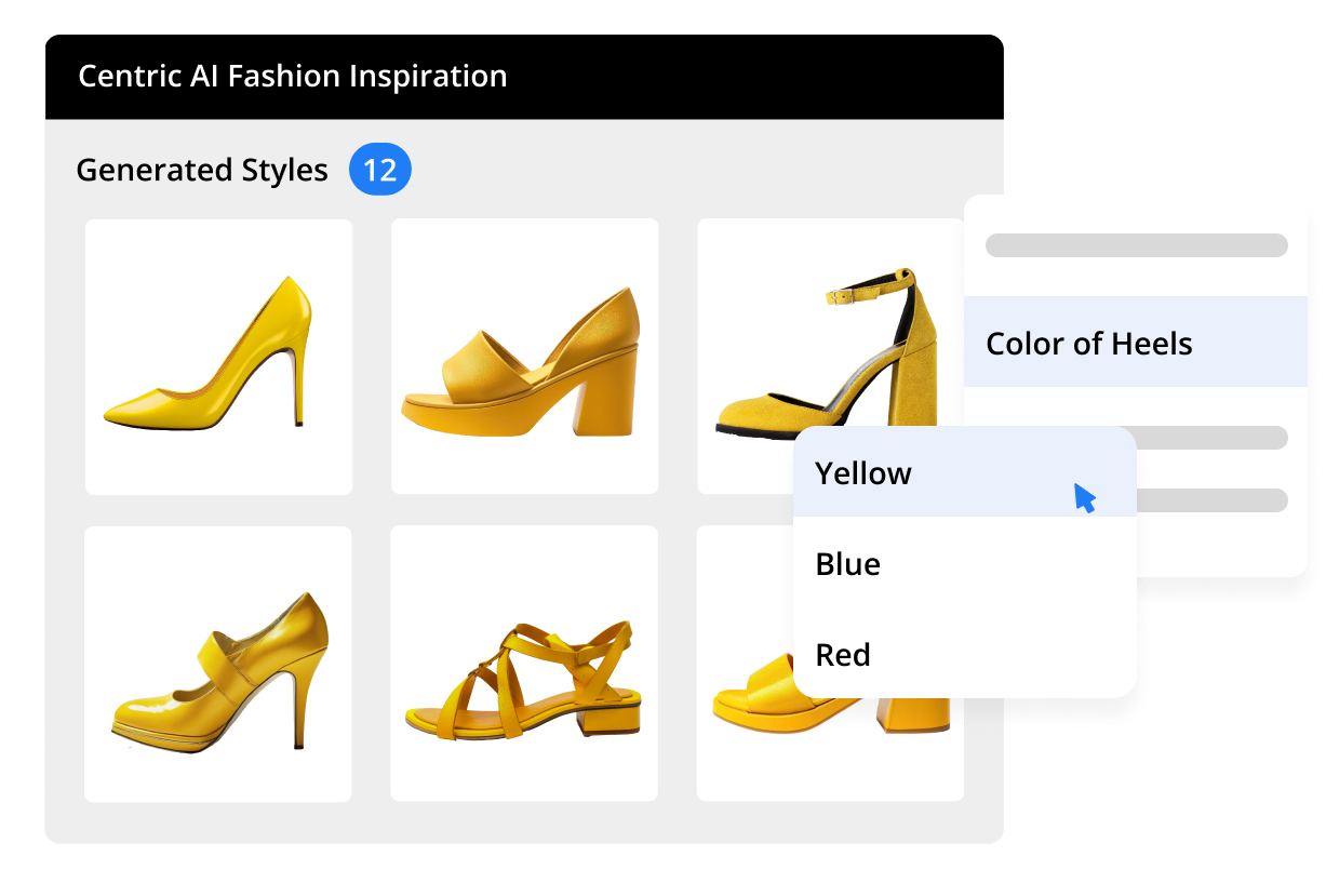 A sleek digital interface showcases a curated selection of six yellow shoe designs with diverse heel styles, inspiring fashion enthusiasts. A 