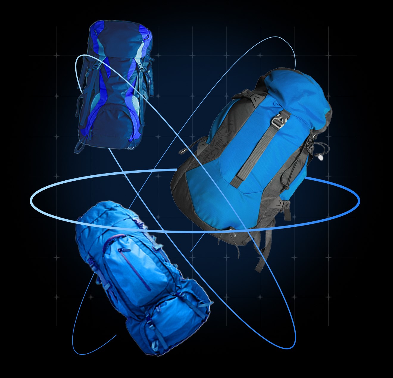 Three blue hiking backpacks are displayed against a dark, grid-like background with intersecting lines, creating an orbital effect. Each backpack is angled differently, highlighting various features and details, inspired by fashion trends.