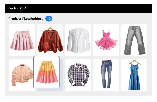 A digital interface showcasing a grid of fashion items, including skirts, a sweater, a blazer, dresses, jeans, and a plaid shirt. A skirt with a pink-to-yellow gradient stands out as an inspiration piece. The interface is labeled 