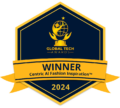 Award badge with a globe and trophy design, featuring the text 