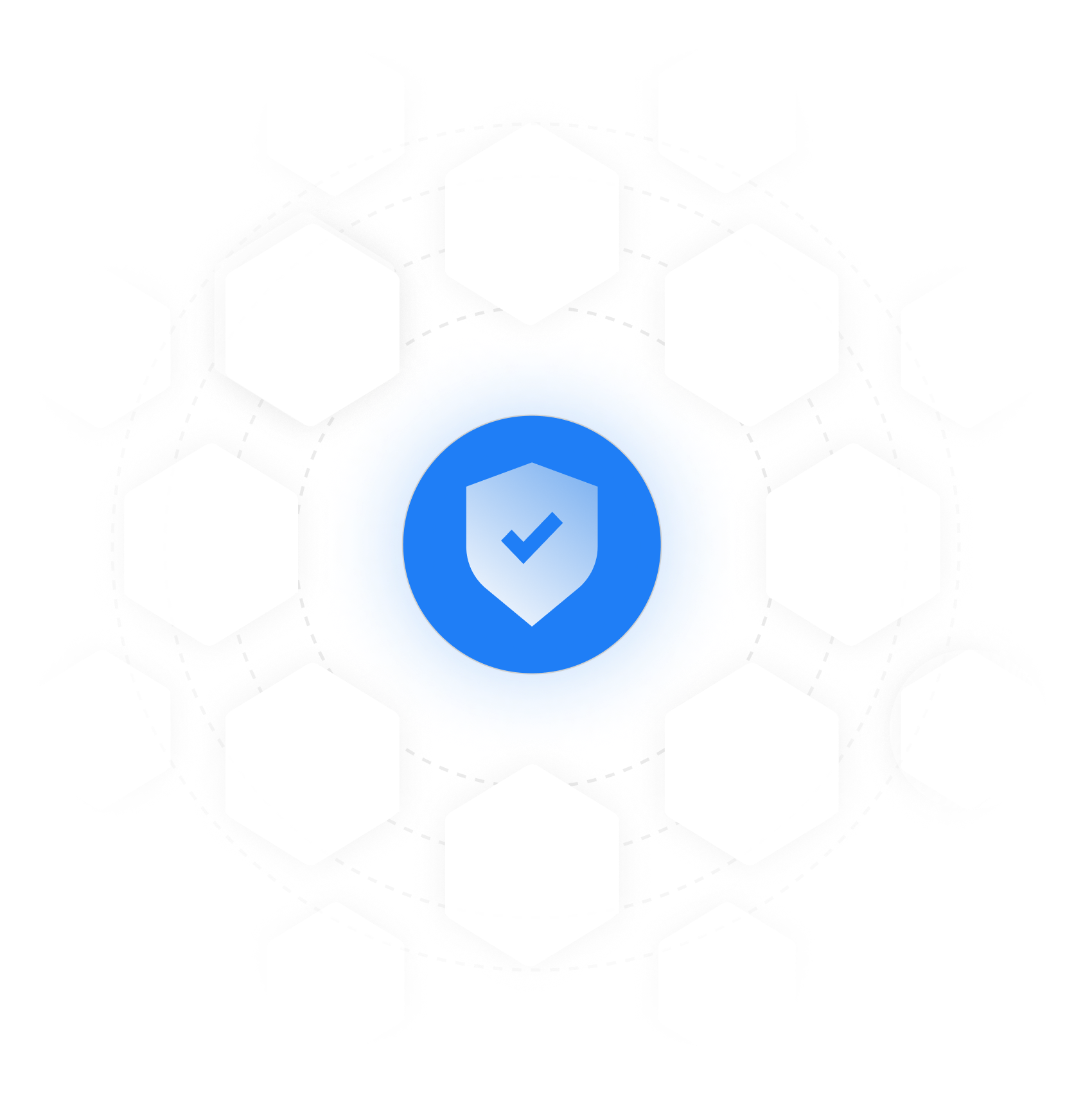 A central blue circle with a shield icon signifies security, surrounded by hexagonal shapes representing data privacy in a connected network-like pattern. The hexagons are mostly white against a black background.