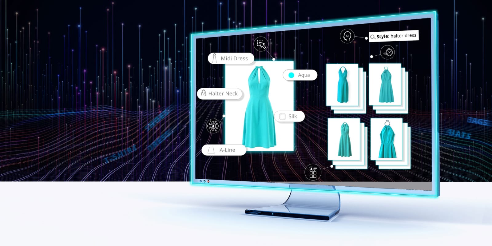 Màn hình máy tính hiển thị giao diện thiết kế thời trang, có váy yếm màu ngọc lam. Các tùy chọn như kiểu dáng, màu sắc và chất liệu được hiển thị, với bộ sưu tập váy kỹ thuật số. Nền có đồ họa trừu tượng theo chủ đề công nghệ.
