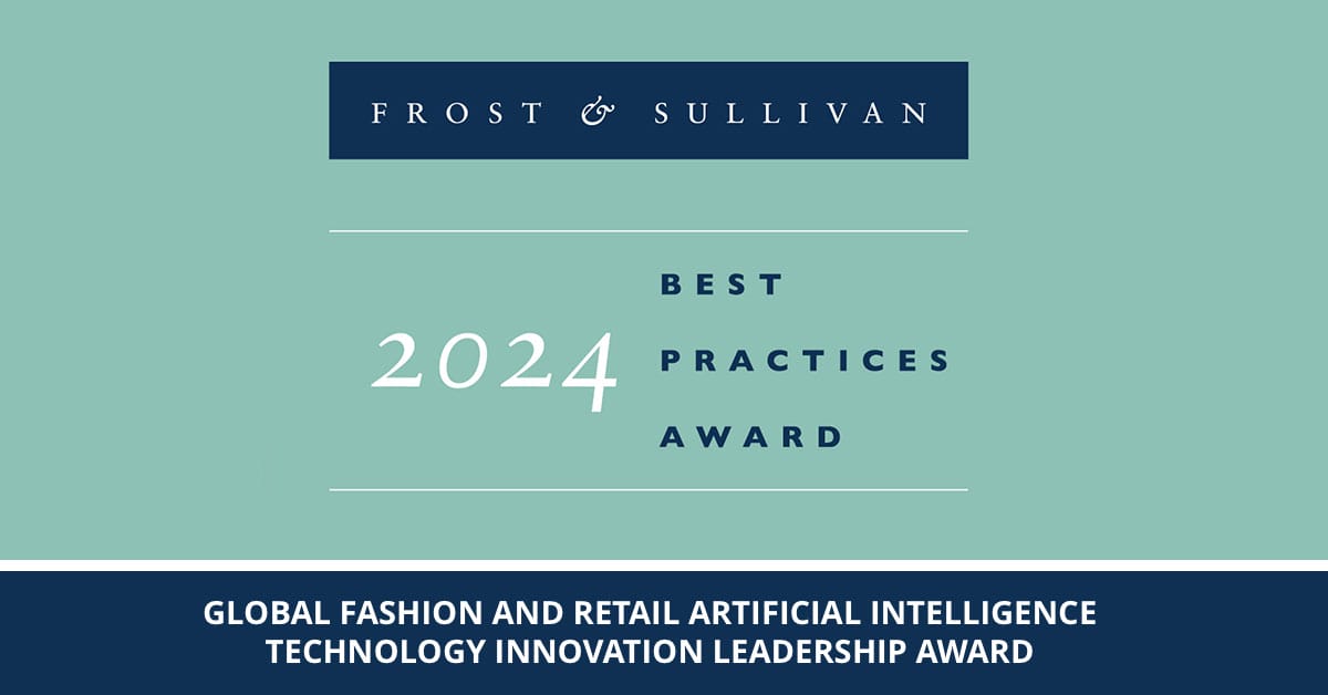 The award graphic proudly displays "Frost & Sullivan Best Practices Award 2024." A banner below highlights Centric Software's achievement: the "Global Fashion and Retail Artificial Intelligence Technology Innovation Leadership Award.