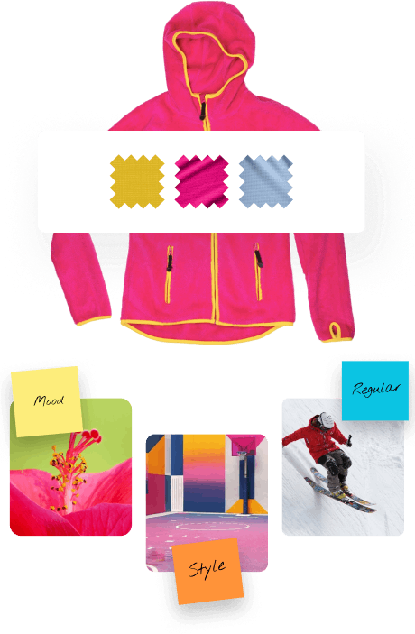 A bright pink hoodie with yellow zippers is shown. Above it are swatches in yellow, magenta, and light blue. Below are images labeled “Mood”: a pink flower, “Style”: colorful shapes, and “Regular”: a skier.