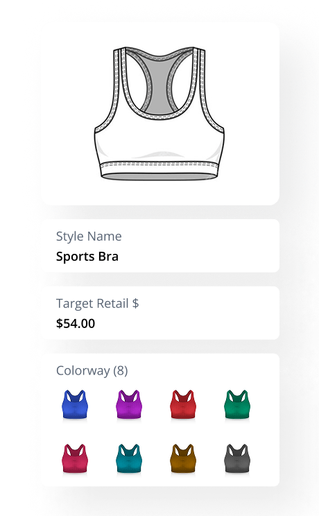 Illustration of a sports bra design and details. Style: Sports Bra. Target retail price: $54.00. Available in eight colors: blue, purple, pink, red, teal, green, orange, and black.
