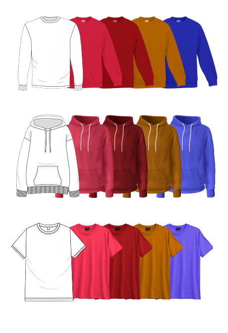 Illustration of various clothing items in different colors. Top row: long-sleeve shirts in white, pink, red, orange, blue. Middle row: hoodies in white, pink, red, orange, blue. Bottom row: t-shirts in white, pink, red, orange, blue.