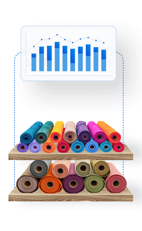 Shelves with colorful fabric rolls stacked in two rows, topped by a bar chart with dotted line, showing data trends.