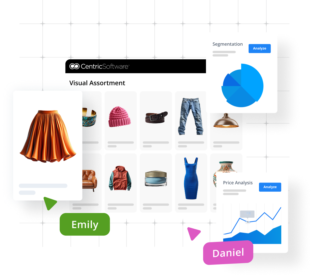 A digital interface displays a visual assortment of various clothing items, including a skirt, hat, belt, jeans, and more. Segmentation and price analysis charts are shown alongside, labeled "Emily" and "Daniel.