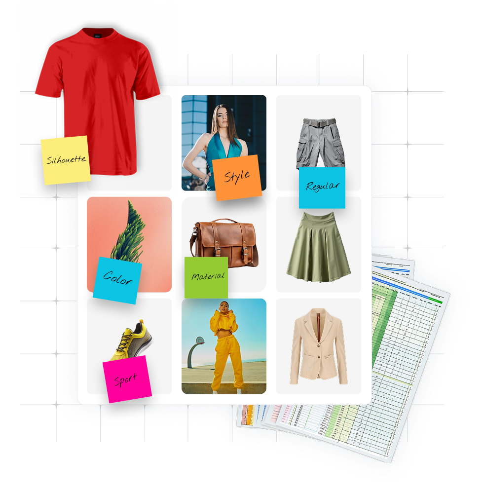 A digital fashion mood board features garments and accessories, including a red t-shirt, gray skirt, green skirt, brown bag, sneakers, and a beige blazer. Sticky notes label various elements such as silhouette, color, material, style, and sport.