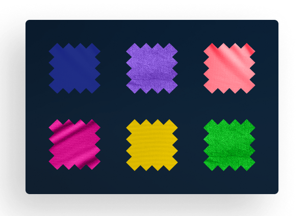 A dark background with six zigzag-edged fabric swatches arranged in two rows. The top row has blue, purple, and pink swatches, and the bottom row has dark pink, yellow, and green swatches.