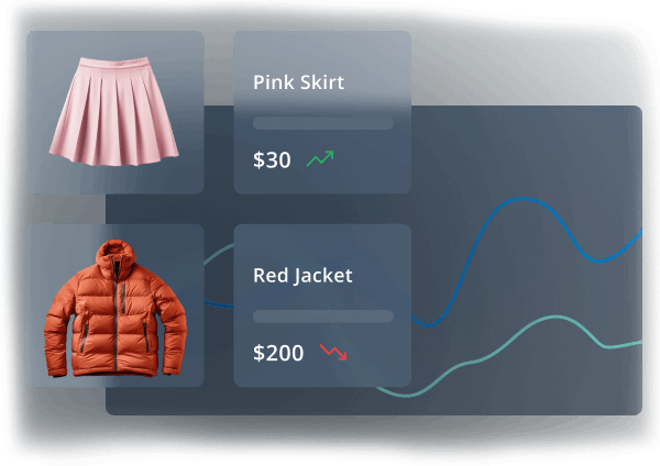 An infographic shows a pink skirt priced at $30 with a rising trend arrow and a red jacket priced at $200 with a falling trend arrow, against a background of overlapping line graphs.