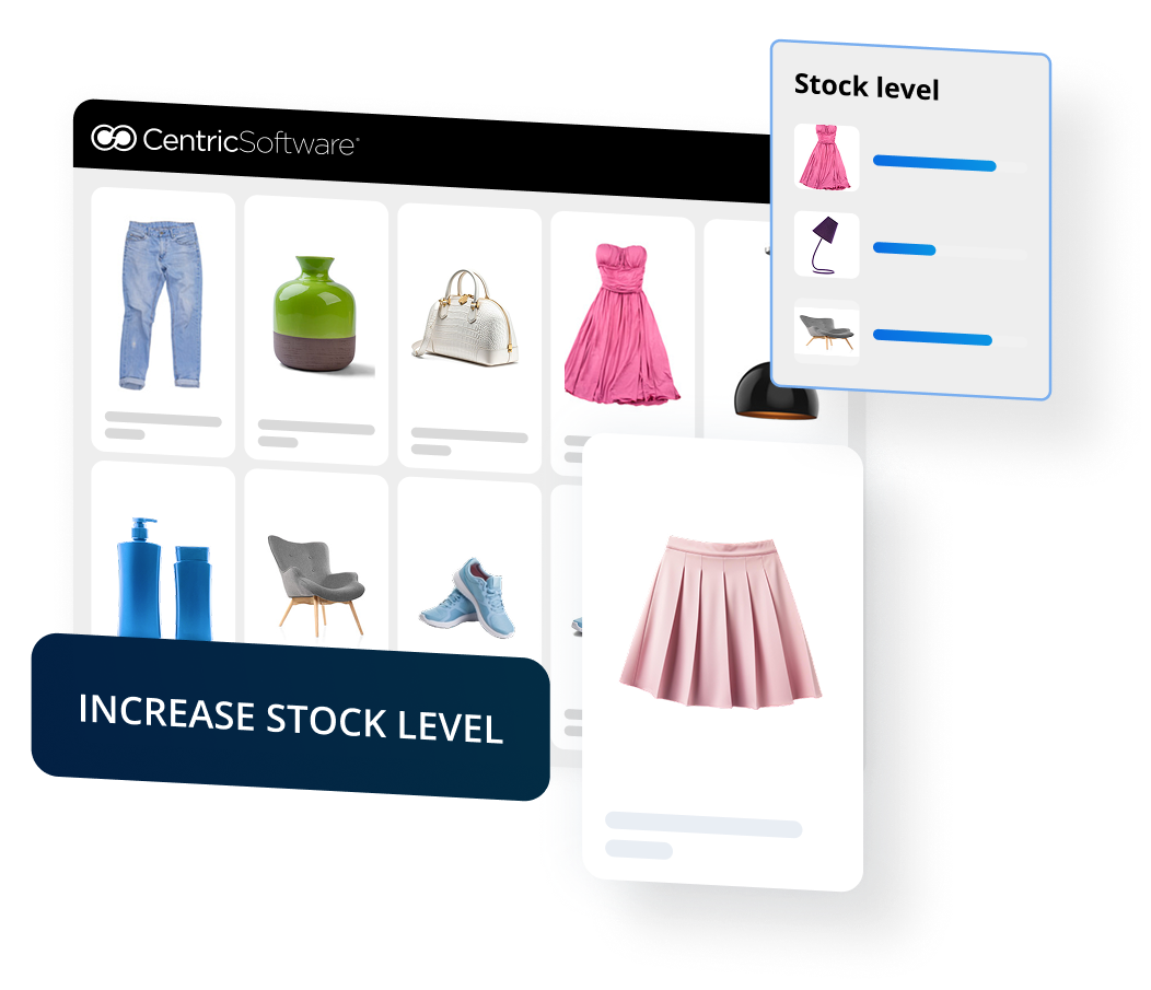 A digital visual whiteboard interface displays various products—jeans, a vase, a handbag, a pink dress, and shoes—with pop-up windows showing stock level indicators and a label that reads 