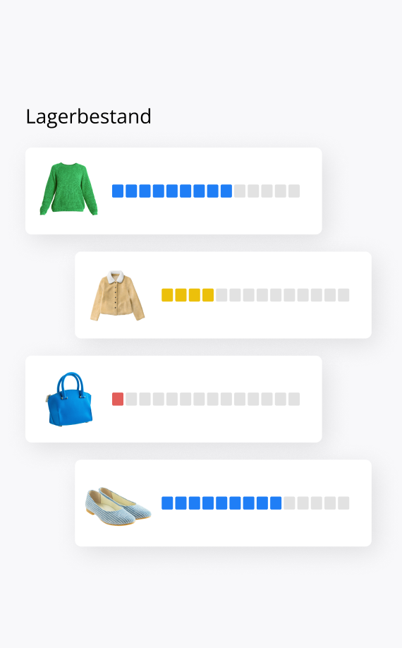 Eine Grafik mit dem Titel „Lagerbestand“ zeigt anhand farbiger Balkendiagramme die Lagerbestände für einen grünen Pullover, eine beige Jacke, eine blaue Handtasche und blaue Schuhe an und unterstreicht die Bedeutung der Zuordnung in einer effektiven Software zur Bestandsauffüllung.