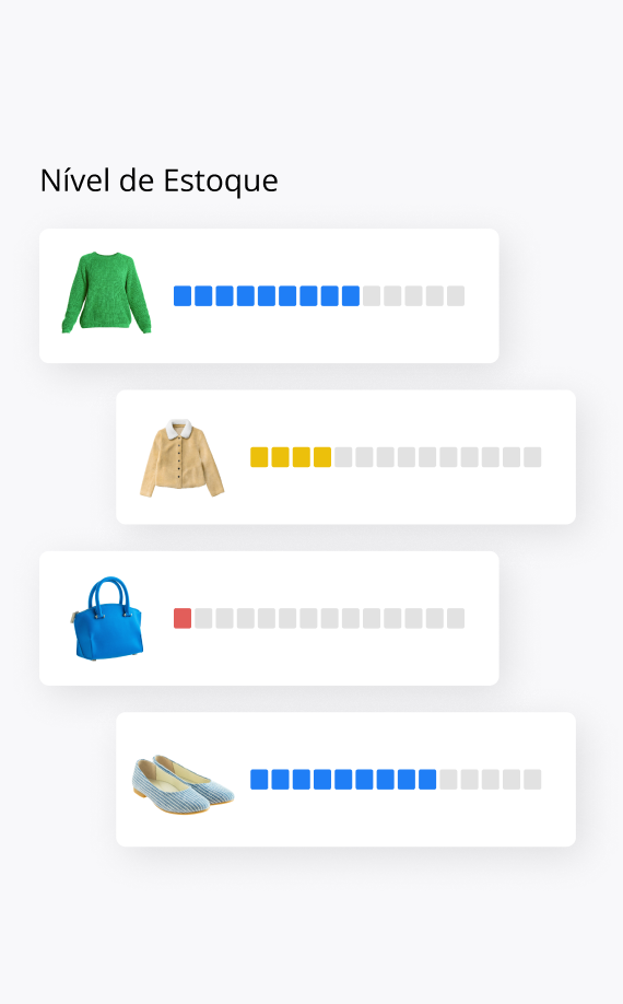 Stock levels for four items: a green sweater (high, mostly blue bars), a beige jacket (low allocation, mostly gray and some yellow bars), a blue handbag (very low, one red bar), and blue shoes (medium-high, many blue bars).