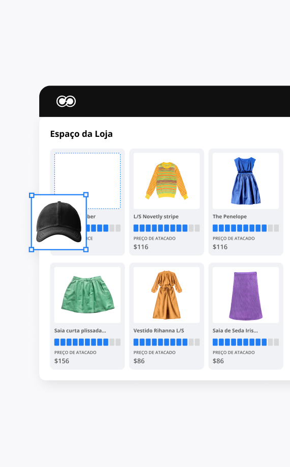 A digital storefront interface powered by efficient inventory replenishment software displays various clothing items, including a black baseball cap, striped shirt, blue dress, and more, each with prices and rating bars below the images.